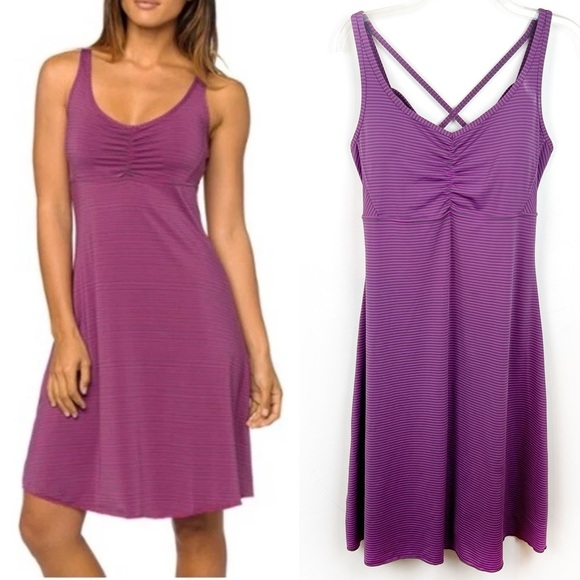 Prana Rebecca Athletic Dress Large Purple Pinstripe Strappy Pickleball Tennis L - Picture 1 of 9